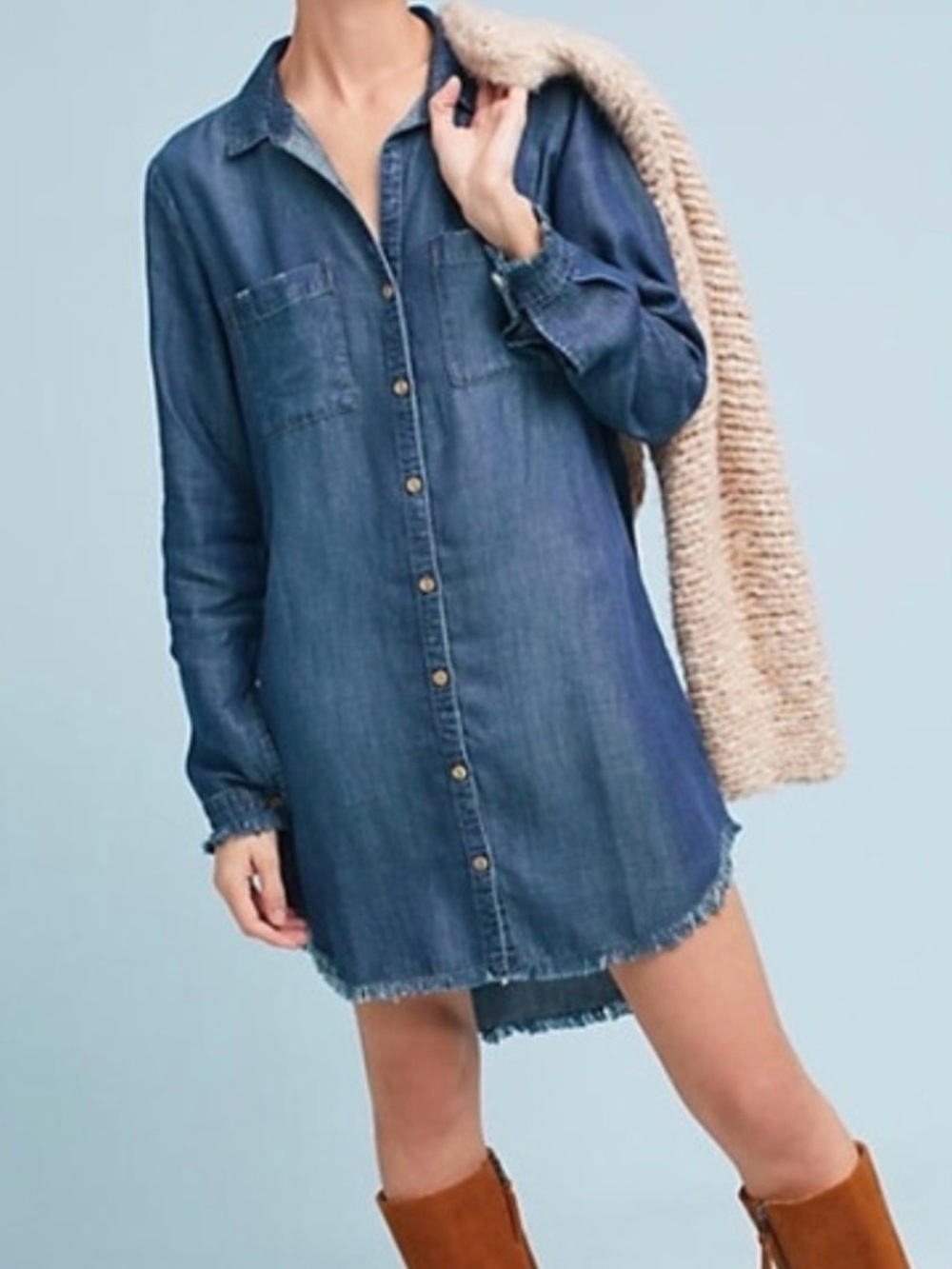 Anthropologie Denim Frayed Shirt Dress Fall Boho Coastal Cowgirl Casual Modern